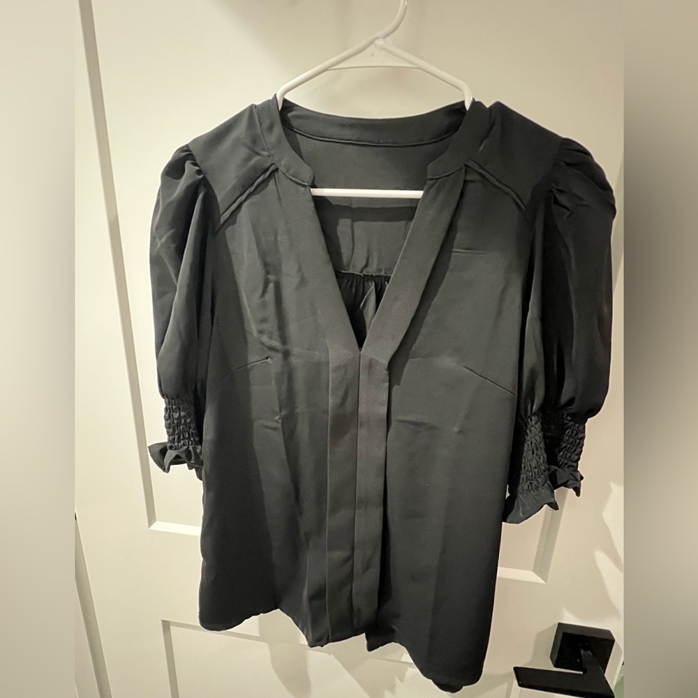 Black Boxy Puff Sleeve Blouse with Mandarin Collar